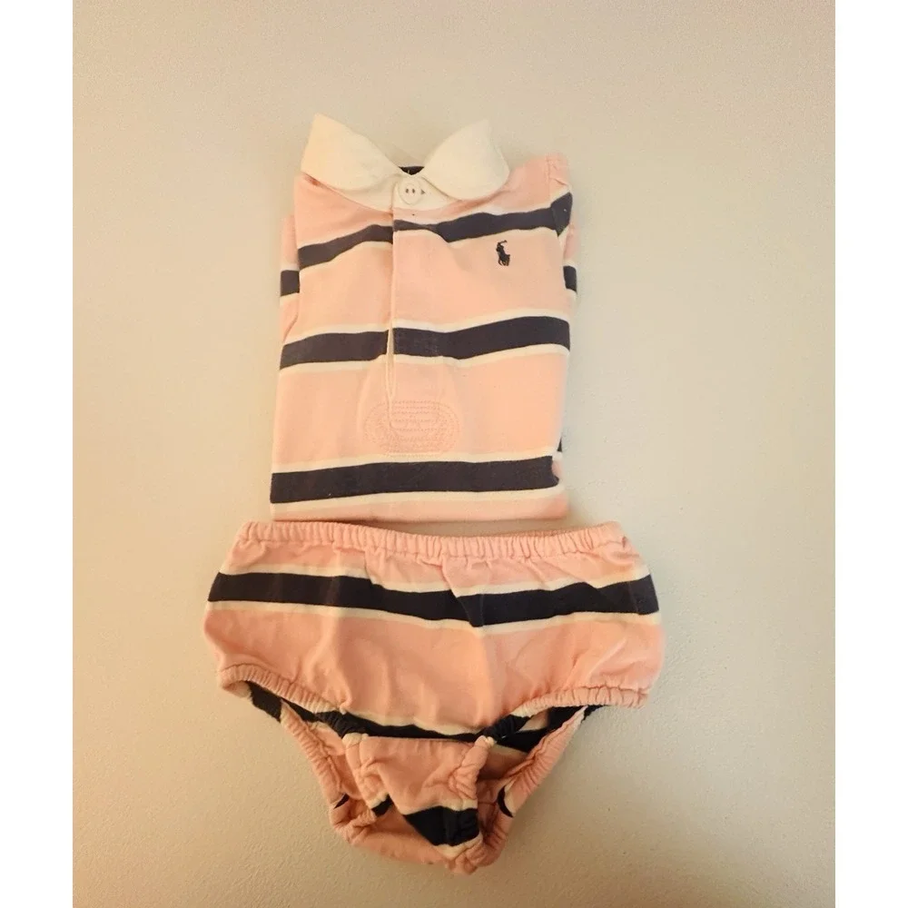 Ralph Lauren Girls 18M Pink/Navy Striped Polo Dress & Bloomers Set